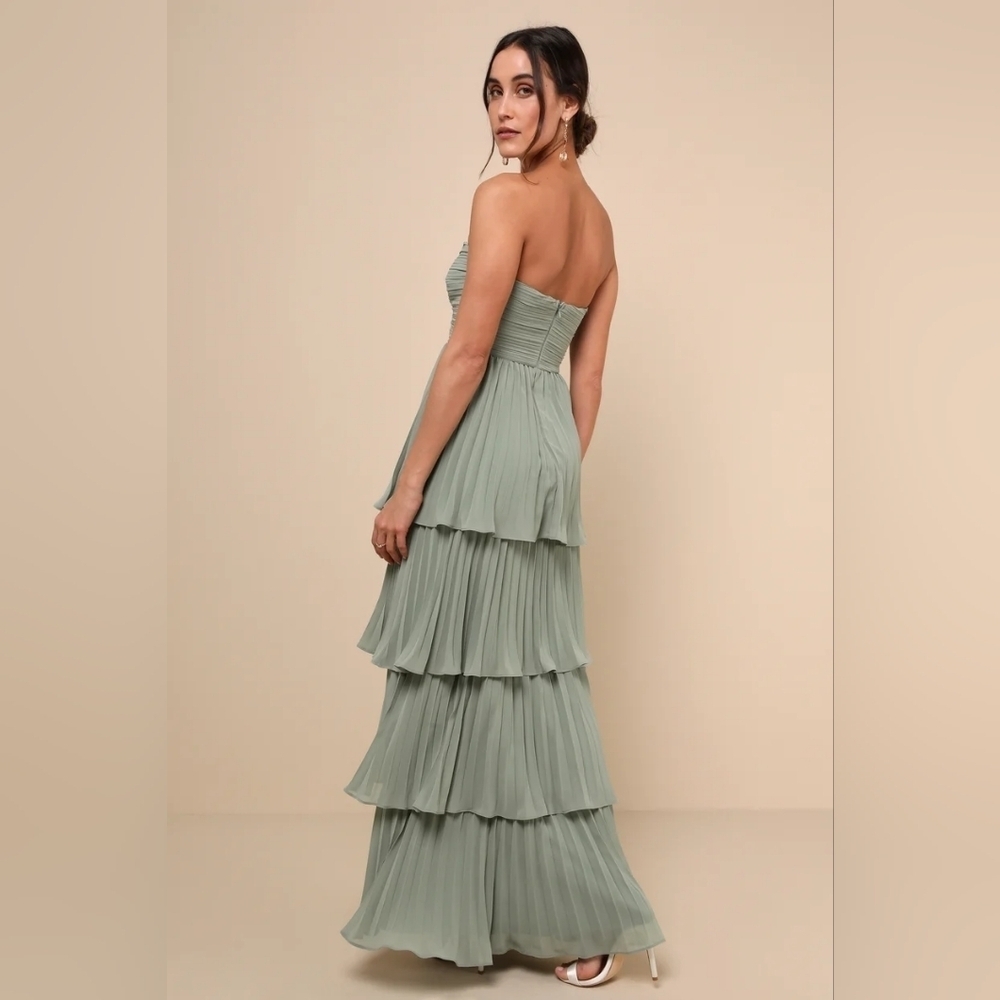 Lulus Seriously Sensational Sage Brush Strapless Tiered Maxi Dress Wedding Prom - Picture 5 of 8